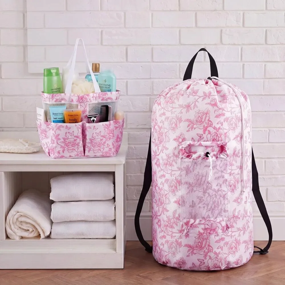 2 Pcs Laundry Backpack & Shower Caddy Set - Pink Dorm Travel Organizers